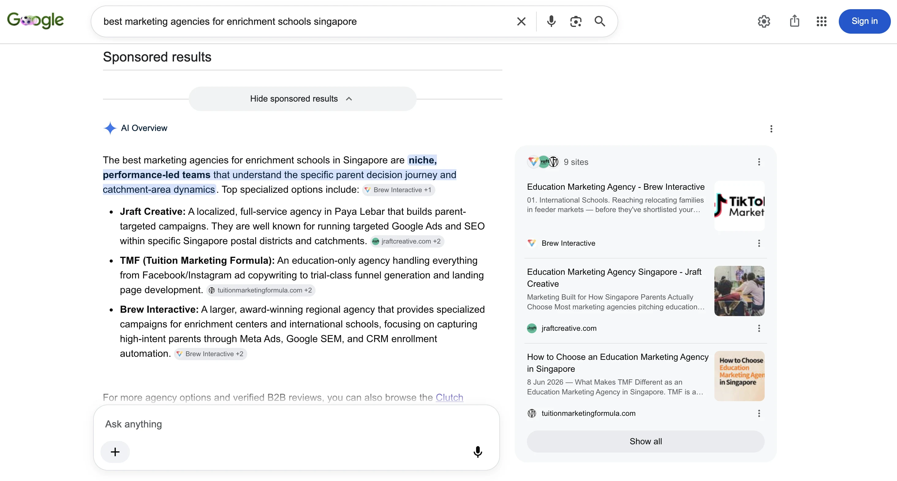 Google AI Overview citing Jraft Creative as a top marketing agency for enrichment schools in Singapore
