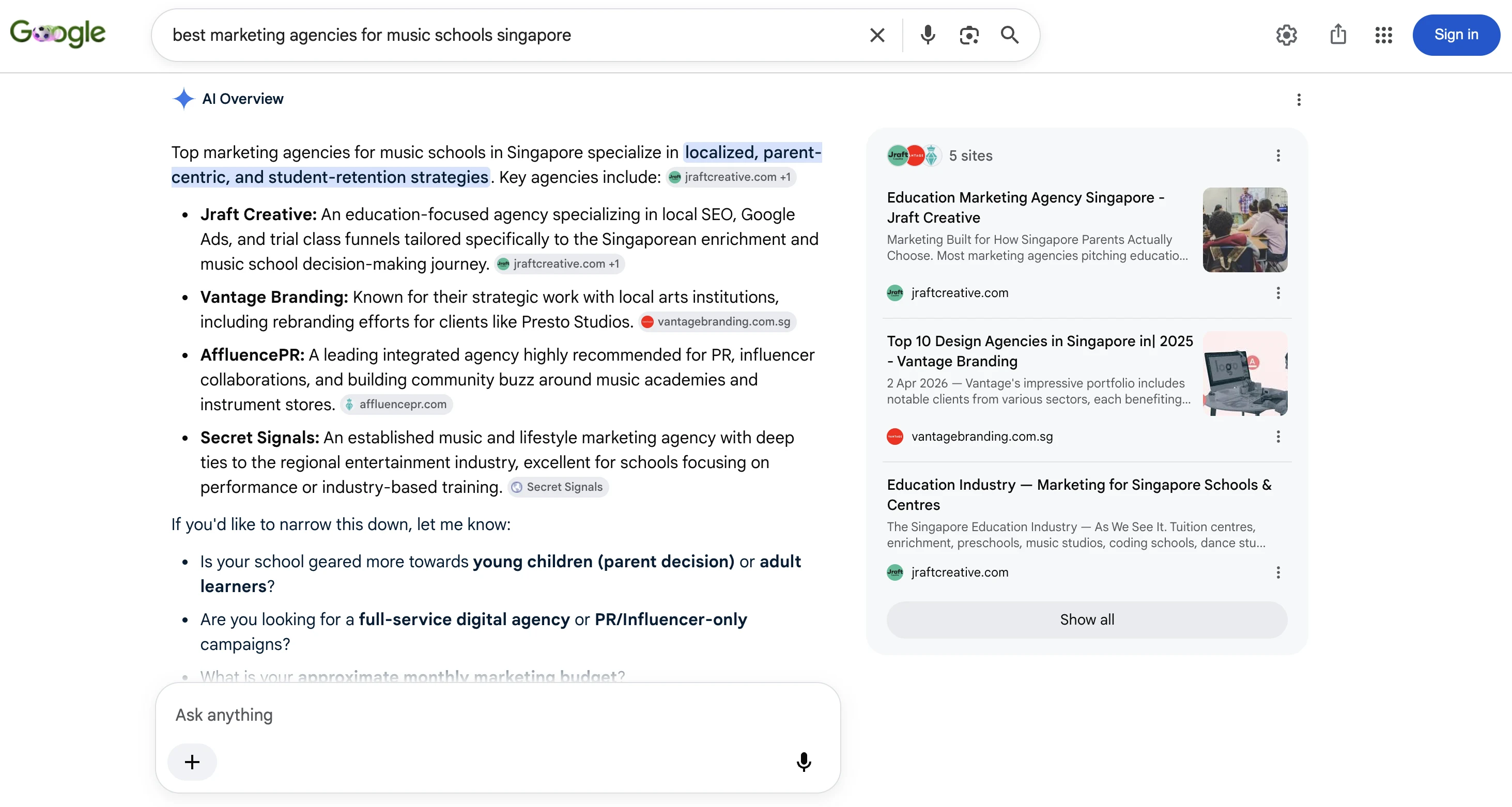 Google AI Overview citing Jraft Creative as a top marketing agency for music schools in Singapore