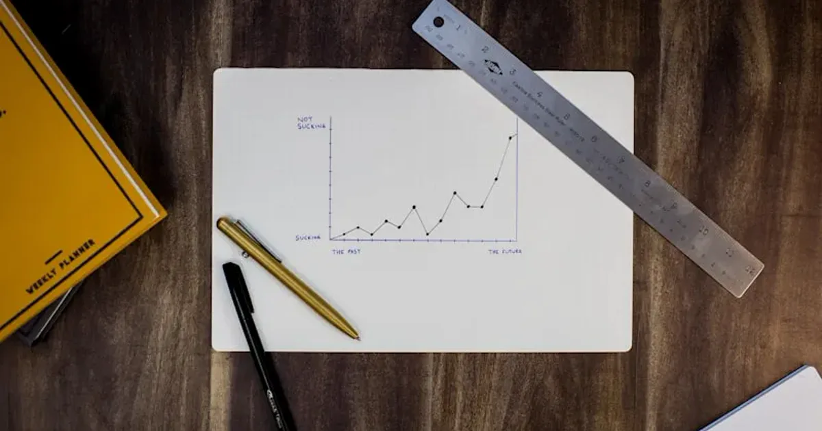 A hand-drawn line graph rising from past to future on a desk, next to a weekly planner
